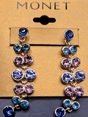 NWT Monet Multi-Color Crystal Drop Earrings Gold Tone Statement Dangle Vintage